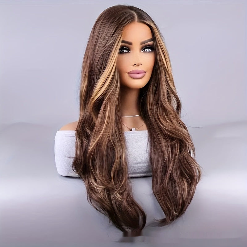 26-inch Elegant Women's Wig Brown Mixed Color Wavy Long Hair Synthetic Fiber Rose Mesh Cap Daily Wear Buy Center