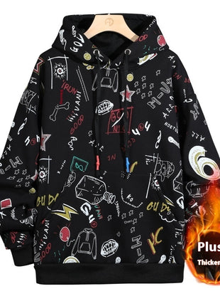 Autumn And Winter Fleece-lined Graffiti Hooded Sweater Men