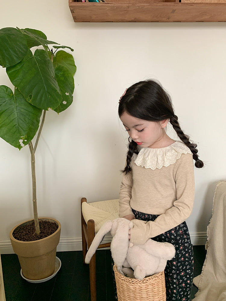 Newly Released at Buy Center: Girls' Soft Cashmere Sunken Stripe Lace Collar Bottoming Shirt