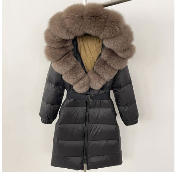 Women's Long Cinched Hoodie Real Fox Fur Collar Coat Buy Center