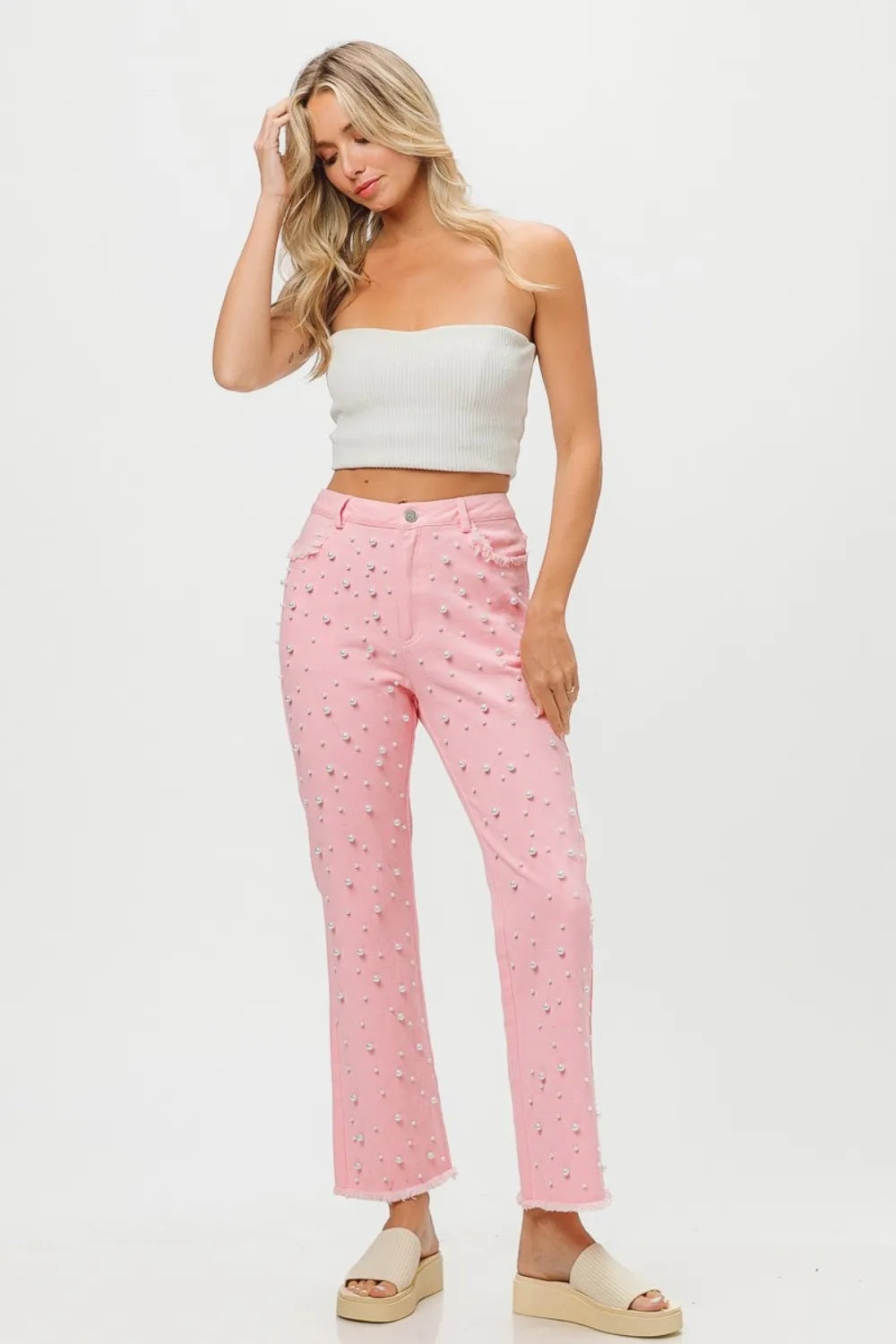 BiBi Washed Pearl Embellished Pants Buy Center