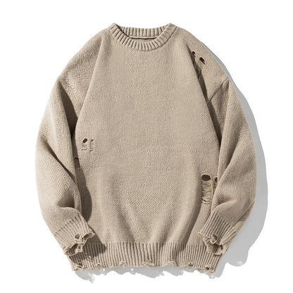 Retro Hollow-out Ripped Design Round Neck Sweater Buy Center