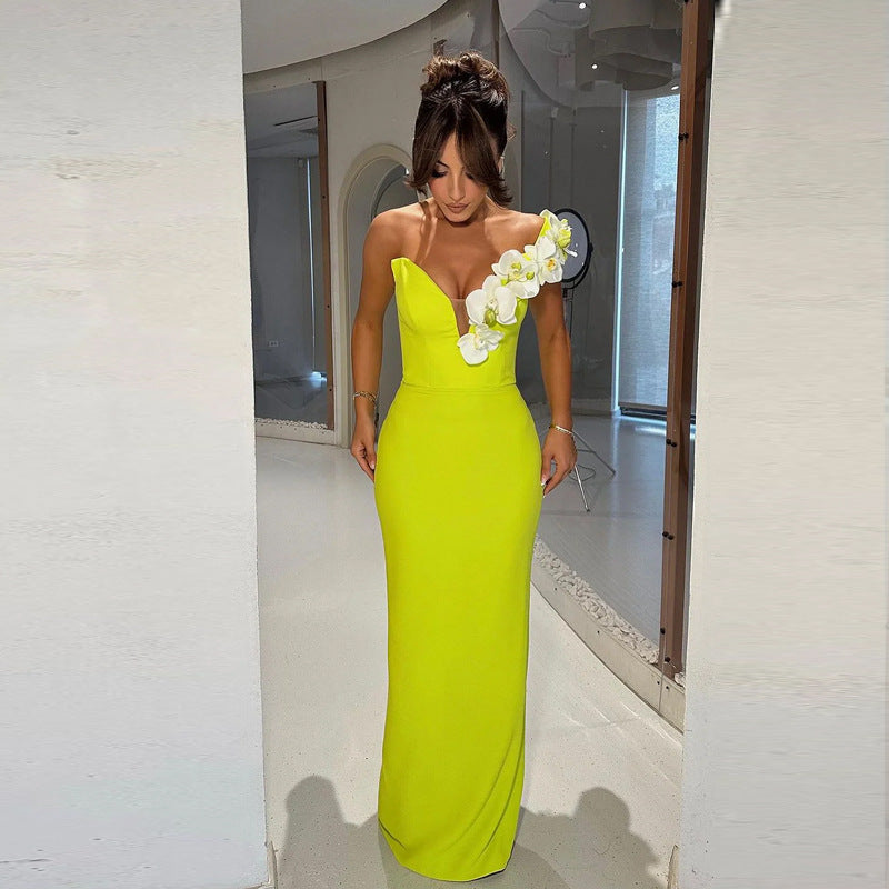 Buy Center Choice-Bandage Evening Temperament Elegant Flowers One Shoulder Dress