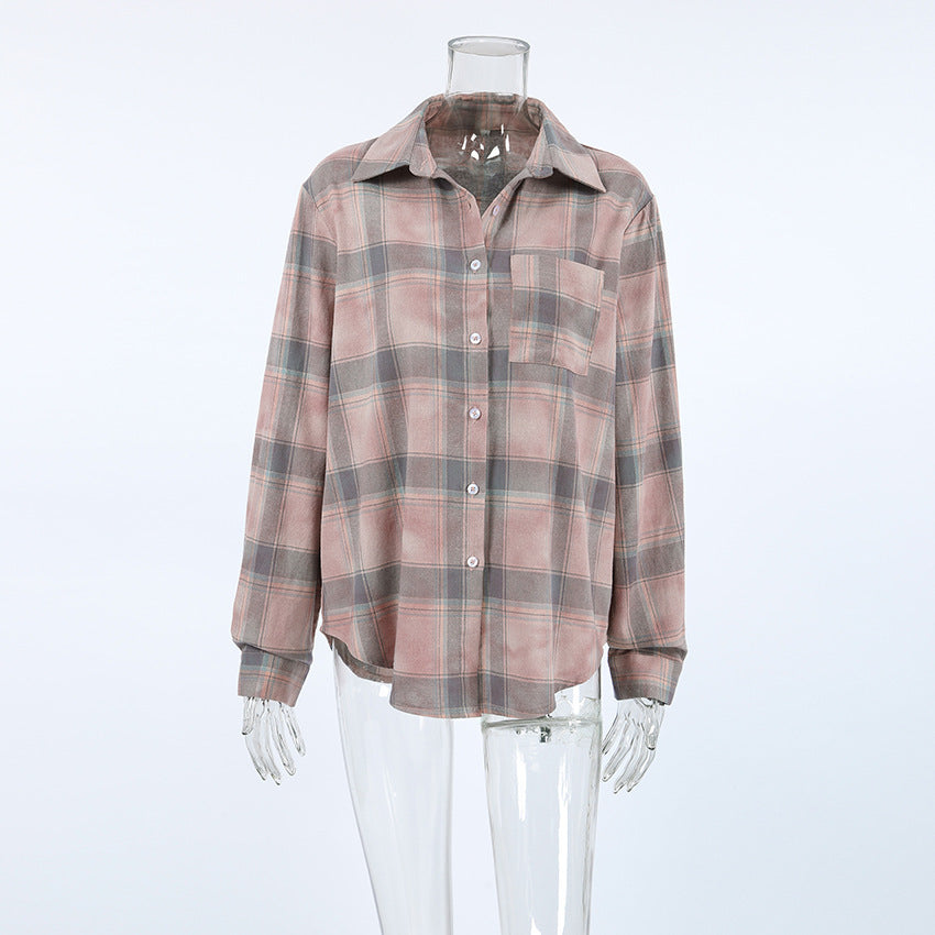 Buy Center Excellence-Plaid Long Sleeve Shirt Baggy Coat Women