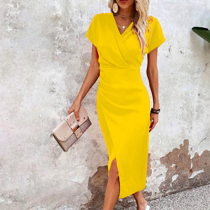 Trending Now at Buy Center: Women's Clothing Casual Waist Tight V-neck Fresh Air Sleeve Dress Yellow