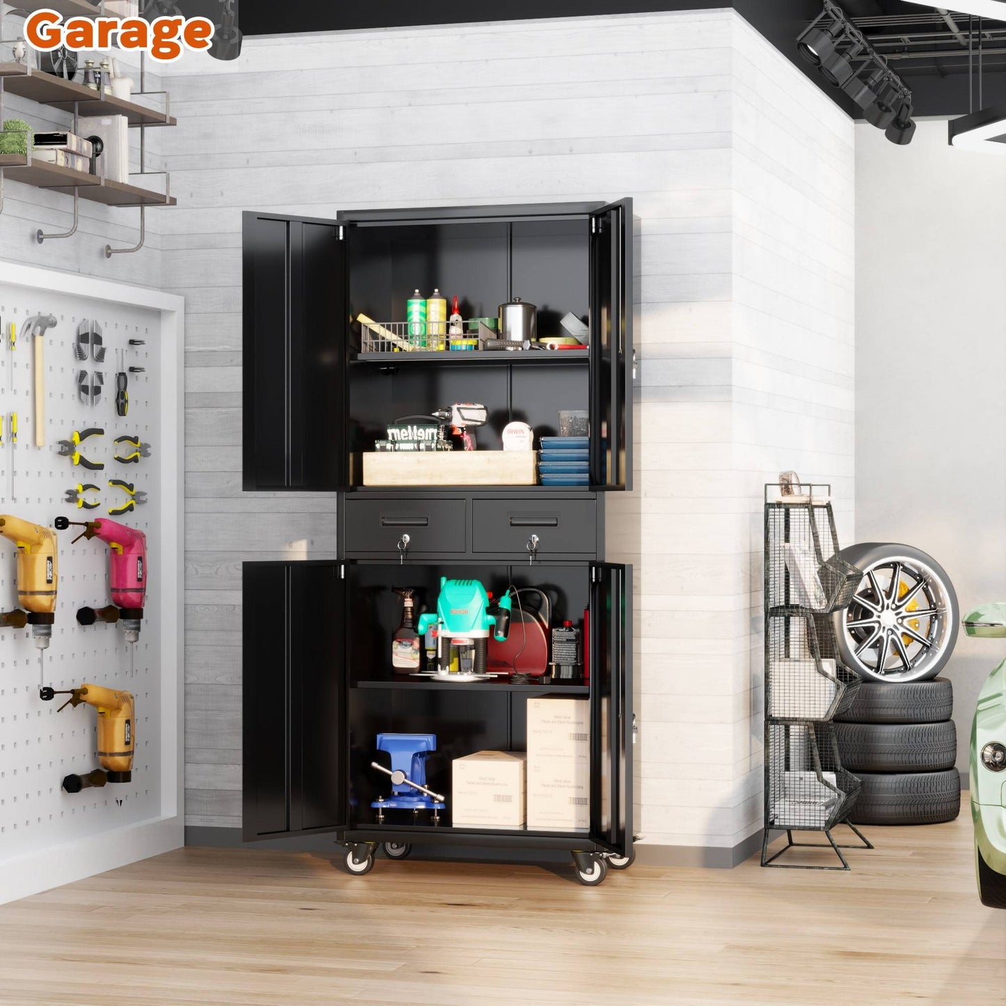 Garage Cabinet With Locking Doors,Tool Storage Cabinet With 4 Wheels And 2 Drawer And Adjustable Shelves- 71inch H Rolling Storage Cabinet For Garage,Warehouse,Home,Office,School Black Buy Center