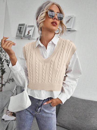 New V-neck Knitted Vest Sweater Vest Sleeveless Waistcoat Women's Sweater Twist Apricot