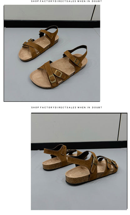 Just Arrived at Buy Center: Women's Belt Buckle Cross Strap Large Size Flat Bottom Casual Slippers