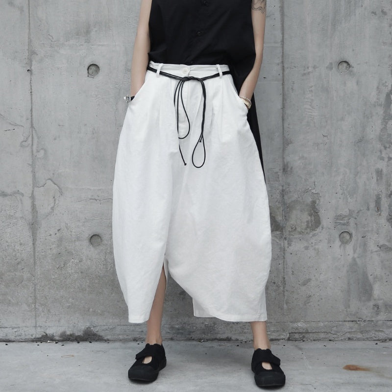 White Cotton Linen Pants Circular Linen Loose Casual Culotte | Women's Clothing-Bottoms-Wide Leg Pants | Buy Center