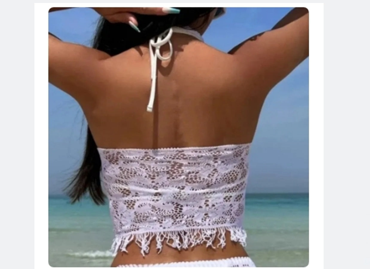 Trending Now at Buy Center: Women's Spring And Summer Beach Cover-up Tassel Skirt Lace Bikini Swimsuit Two-piece