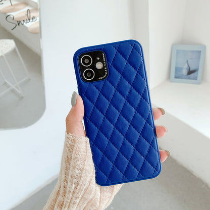 New at Buy Center: Solid Color Diamond Plaid Lambskin Phone Case Sapphire Blue