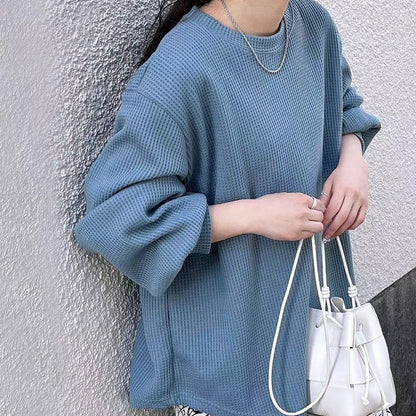 Loose Casual High-grade Waffle Bottoming Shirt Gray And Blue