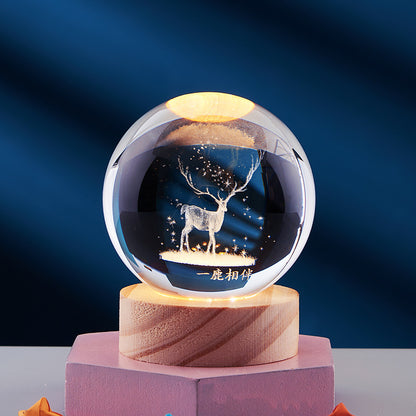 Just Arrived at Buy Center: Crystal Ball 3D Inner Carved Solar System Glowing Night Lights Warm Bedside Light Festival And Kid Gift Night Lamp A Deer Accompanied