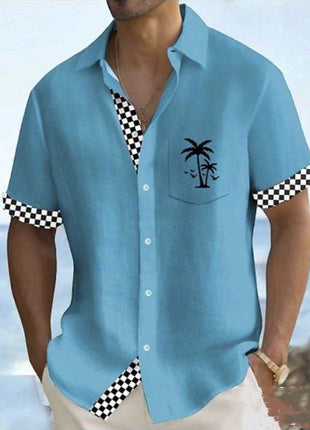 Camisa estampada con rayas geométricas y árboles de coco para hombre