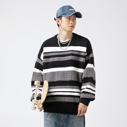 Japanese Round Neck Sweater Men's Striped Color Contrast Patchwork Buy Center