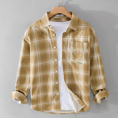 Newly Arrived at Buy Center: Cotton Plaid Long-sleeved Shirt Retro Cotton Brushed Casual Overshirt Light Yellow