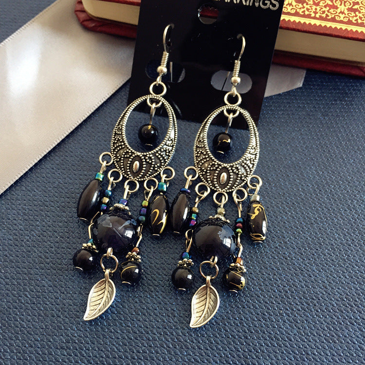 Buy Center Handpicked- Bohemian Retro Ethnic Style European And American Antique Silver Earrings Goddess Style Elegant Black