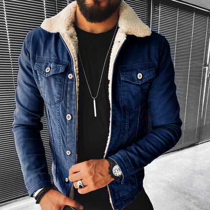 Just Arrived at Buy Center: Lamb Wool Thickening Denim Jacket Dark Blue