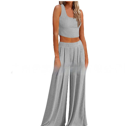 Just Arrived at Buy Center: Pajamas Rib Midriff-baring Top Loose Casual Wide-leg Pants With Pocket Back Gray