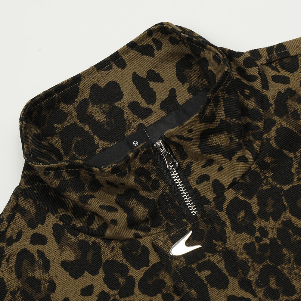 Fresh Arrivals at Buy Center: Men's Loose Casual Stand Collar Leopard Print Denim Jacket