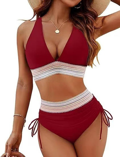 New Fashion Women's High Waist Bikini Split Suit Wine Red