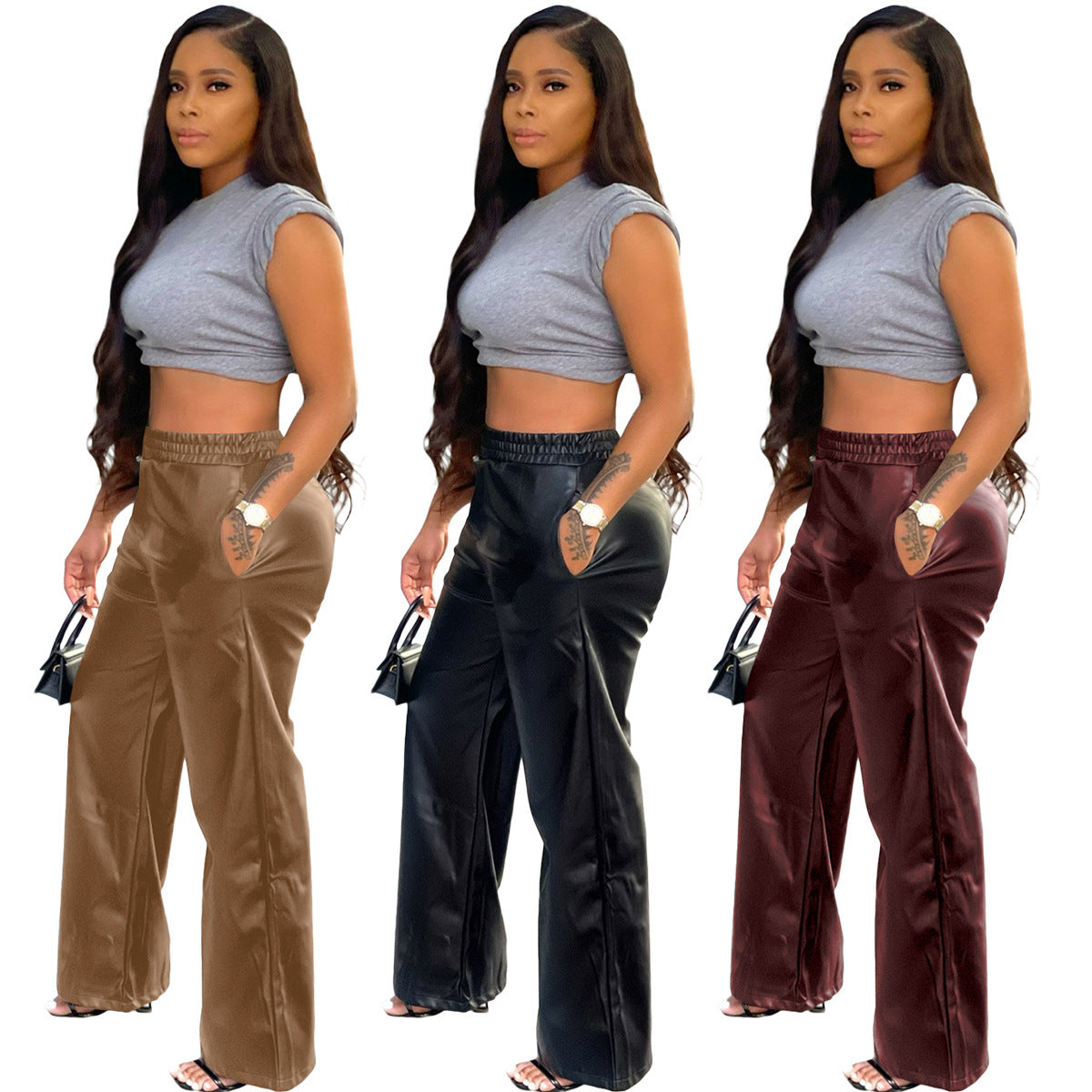 Solid Color Loose Wide Leg Pocket PU Leather Pants Buy Center