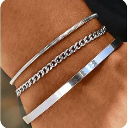 Stackable Cuff Stainless Steel Bracelet 3 Pieces Layered Bangle Snake Box Chain Cuban Link Chain Bracelet Set Buy Center