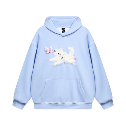 Buy Center Prestige-Butterfly Kitten Chain Embroidery Loose Hooded Sweater Blue