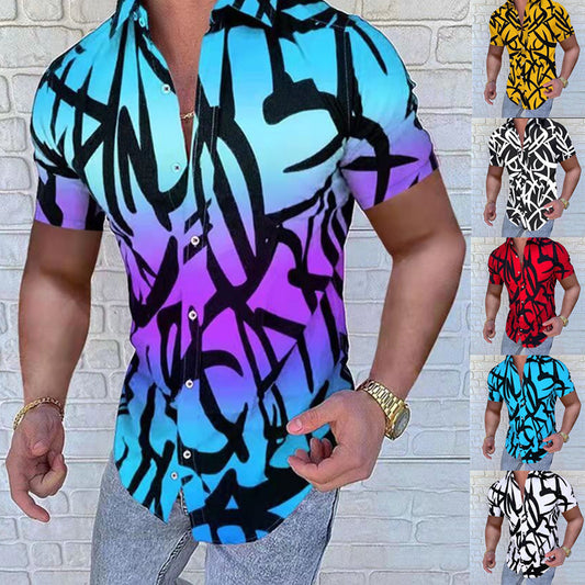 European And American Style Men's Clothing Lapel Print Casual Loose Short Sleeves Shirt