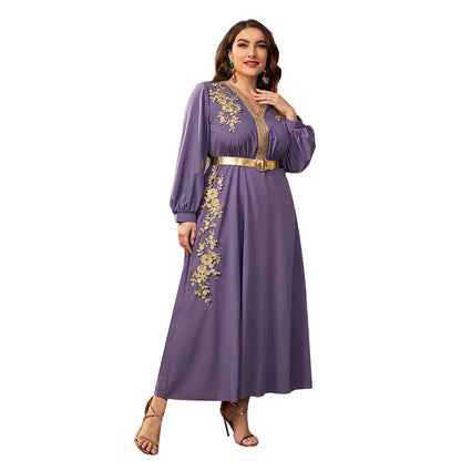 Buy Center Picks-European And American Fashion Casual Plus Size V-neck Loose High Waist A- Line Dress