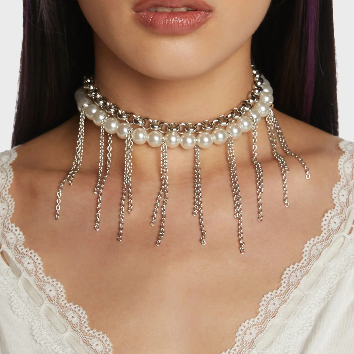 Collar retro de doble capa con diseño divertido y borlas de perlas, accesorios para mujer