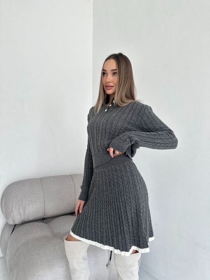 Buy Center Exclusive Offer-Long Sleeve Knitted Button Sweater Dress Suit Women Gray