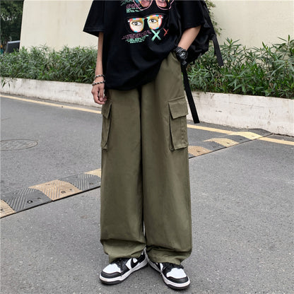 Japanese-style Retro Pants Men's Solid Color Wide Leg Washed Cotton Overalls Straight Loose Casual Trousers Army Green