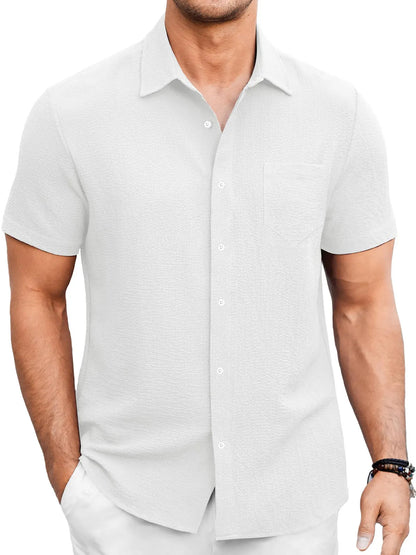 Just Arrived at Buy Center: Men's Summer Solid Color Bubble Wrinkle Simple And Comfortable Daily Short Sleeve Shirt White