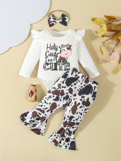 Fresh Arrivals at Buy Center: Baby Girl Cartoon Animal Flower Bell-bottom Pants Long Sleeve Headdress Three-piece Set LC147 White