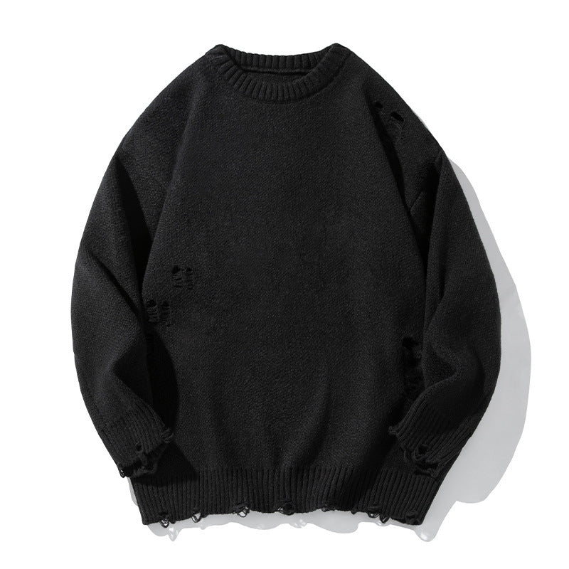 Retro Hollow-out Ripped Design Round Neck Sweater Buy Center