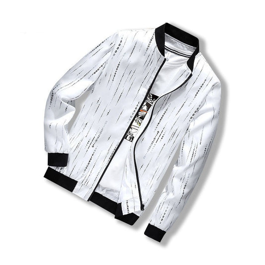 Stand Collar Printed Men's Jacket Casual Coat White