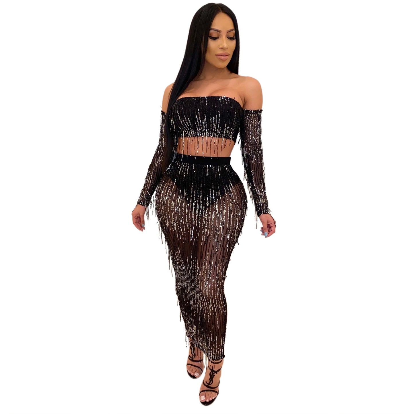 Fashion Sexy See-through Mesh Sequins Tassel Two-piece Set Buy Center