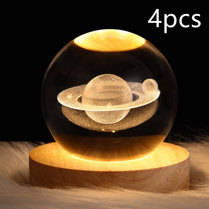 LED Night Light Galaxy Crystal Ball Table Lamp 3D Planet Moon Lamp Bedroom Home Decor For Kids Party Children Birthday Gifts Solid Wood Seat Set11 USB