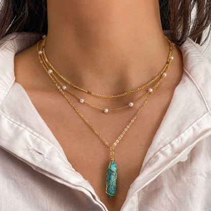 Buy Center Hot Pick-Hexagon Prism Crystal Natural Stone Necklace Hand Winding Malachite