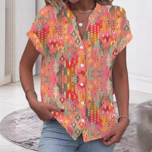 New Cross-border European And American Printed Button V-neck Short-sleeved Top Women's Clothing