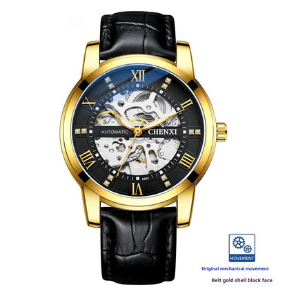 Buy Center Handpicked- Hollow Automatic Mechanical Watch Belt Waterproof Belt Gold Shell Black Surface