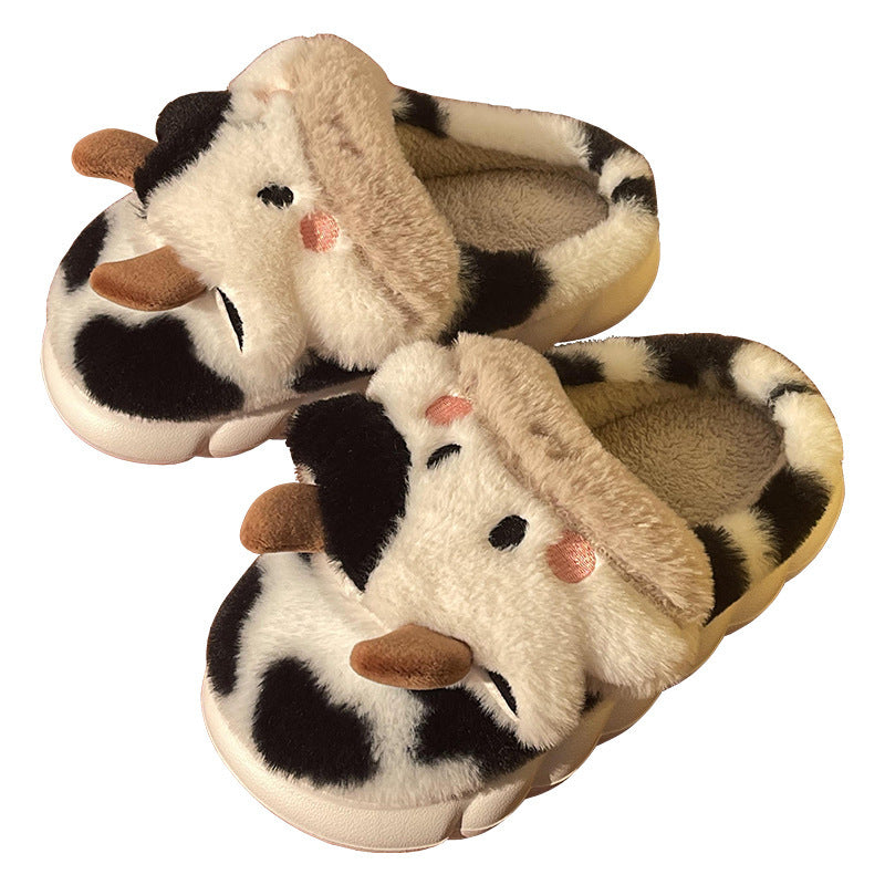 Cute Cow Animal Slipper For Women Girls Fashion Kawaii Soft Fluffy Winter Warm Slippers Woman Cartoon Milk Cow House Slippers Funny Shoes A White