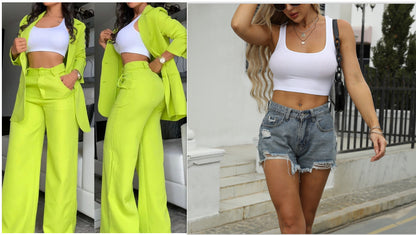 Buy Center Premium-Pure Color Split Sleeve Lapel Suit Straight-leg Pants Suit Women yellow green set