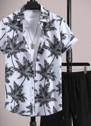 Men's Casual Ice Silk Micro-elastic Printed Short-sleeved Shirt Shorts Suit