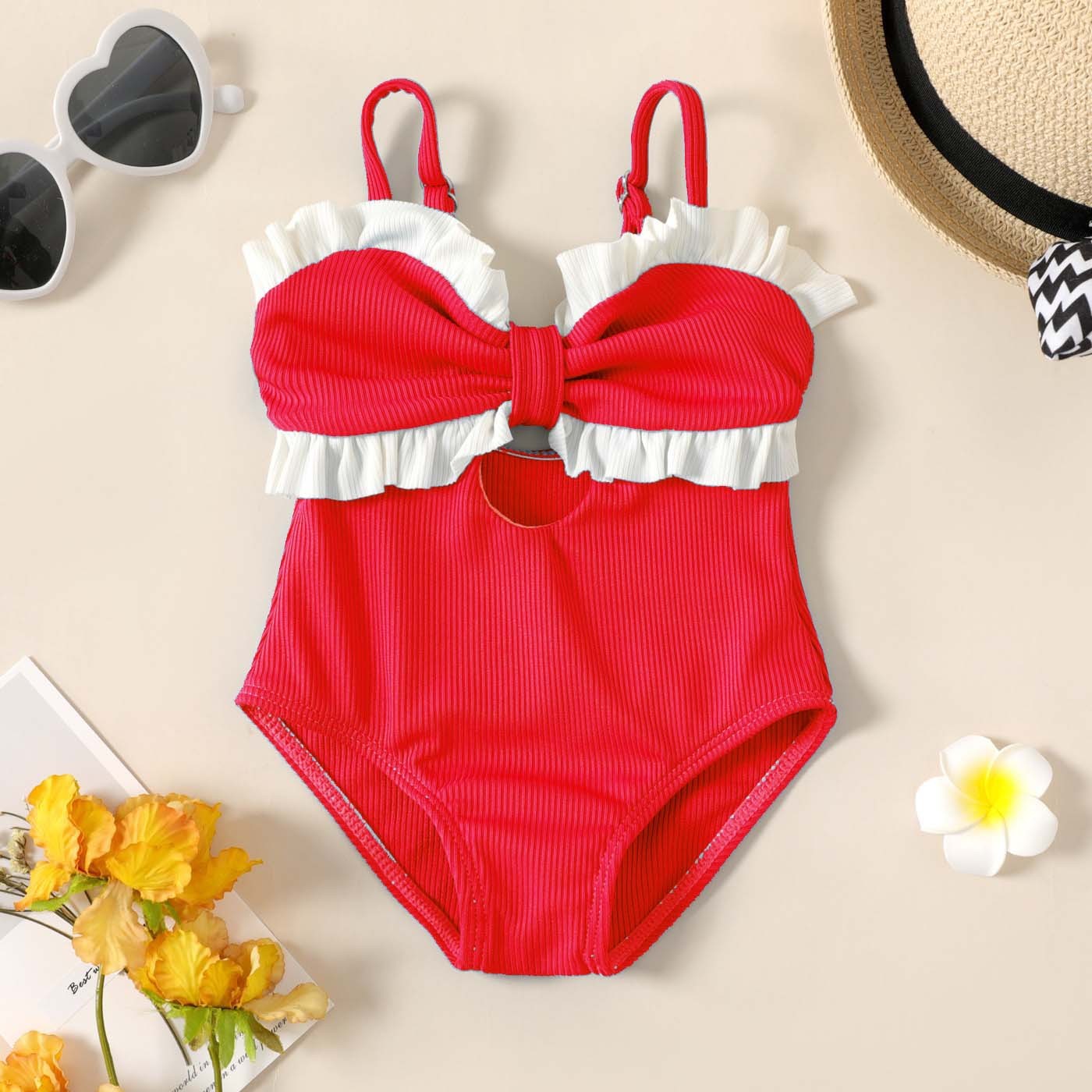 Fresh Arrivals at Buy Center: One Piece Swimsuit Girls' Polka Dot Flying Bow Sunken Stripe Red