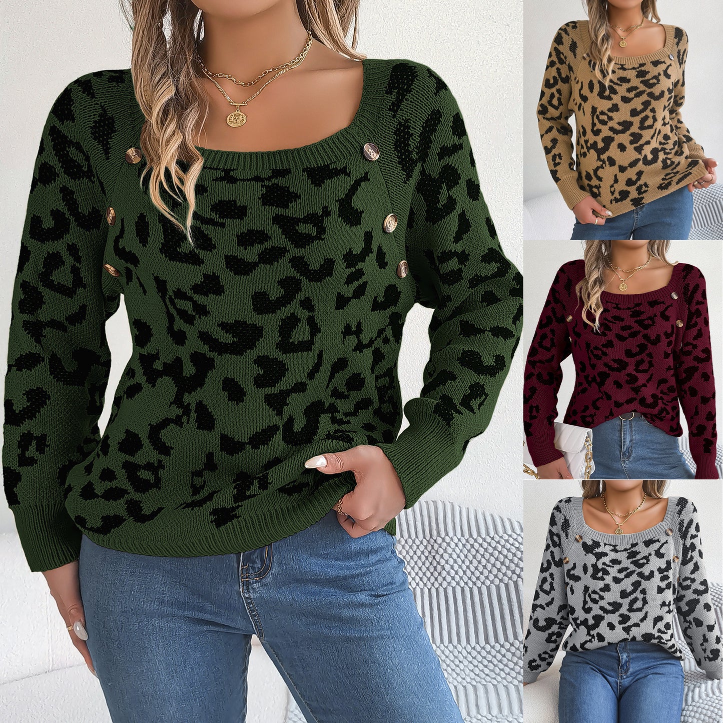 Casual Square Collar Button Contrast Color Leopard Print Long Sleeve Sweater | 0 | Buy Center