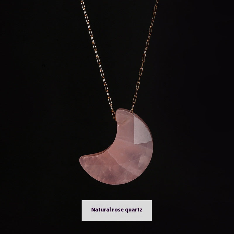 Buy Center Choice-Popular Temperament Natural Stone Cut Moon Titanium Steel Necklace Natural Pink Crystal 18x14mm