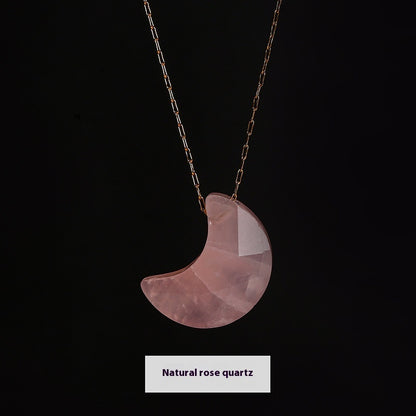 Buy Center Choice-Popular Temperament Natural Stone Cut Moon Titanium Steel Necklace Natural Pink Crystal 18x14mm