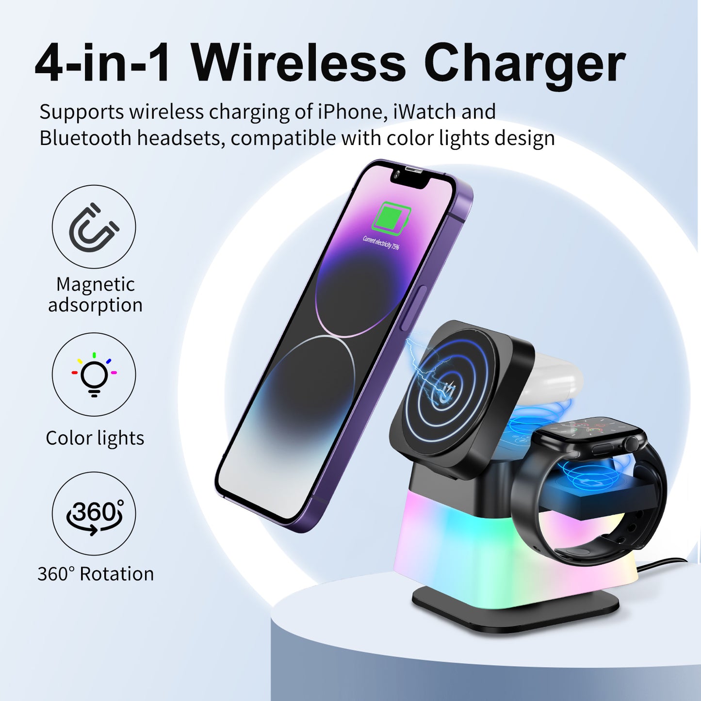 4 In 1 Rotatable Colorful Lighting Wireless Charger Stand For Phone 15 14 13 12 Pro Max 8 7 Holder Magnetic Fast Charging Station | Phones & Accessories2 | Buy Center